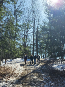 Four people walking through the woods, with only traces of snow on the ground.