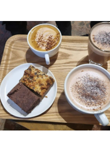 Coffees and sweets from FARO, seen from the top.