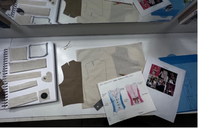 Plunging view of a sewing workspace with various plans and drawings.