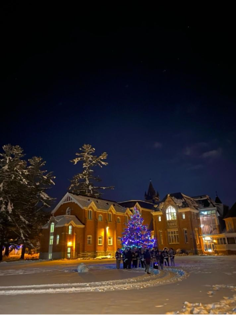 university campus in the winter with a Christmas tree 