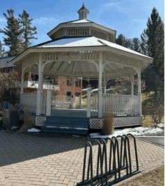 A white gazebo is in the center of some greenery on a bright sunny day. 